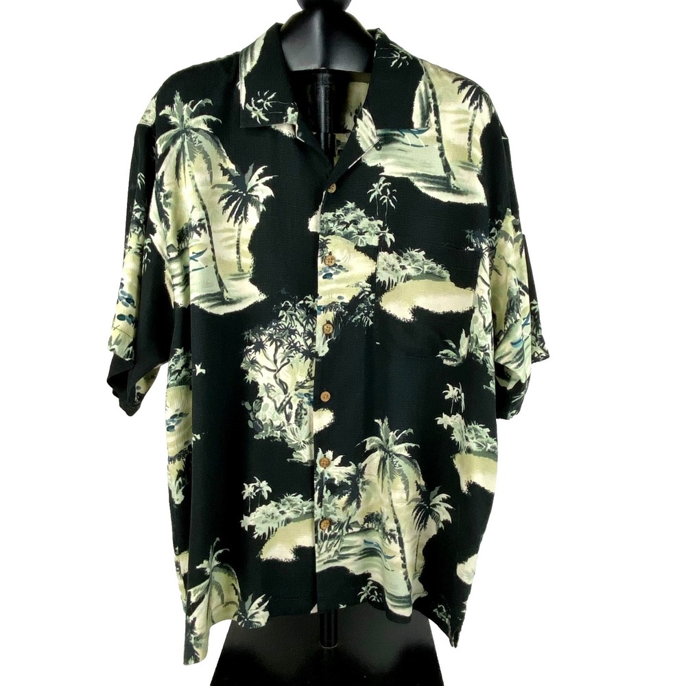 Tommy Bahama Short Sleeve Shirt Men's L Silk Tropical Black Pocket LKNU Palms